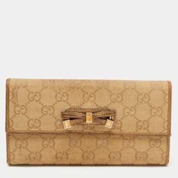 Pre Owned Gucci Gold/Beige GG Canvas and Leather Princy Continental Wallet