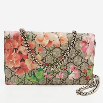 Pre Owned Gucci Multicolor Blooms Print GG Supreme Canvas and Leather Wallet on Chain