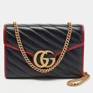 Pre Owned Gucci Black/Red Diagonal Quilt Leather GG Marmont Torchon Wallet on Chain