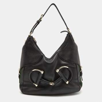 مملوكة مسبقًا Gucci Black Leather Small Web Horsebit Heritage Hobo