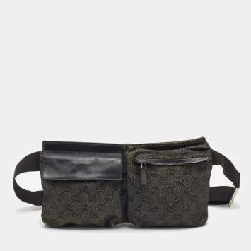 Pre Owned Gucci Black GG Denim and Leather Double Pocket Belt Bag