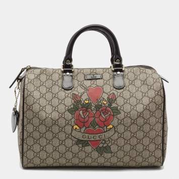 مملوكة مسبقًا Gucci Beige/Ebony GG Supreme Canvas Medium Tattoo Heart Joy Boston Bag