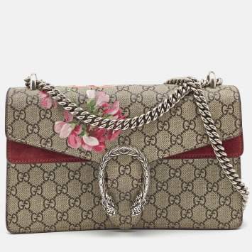 Pre Owned Gucci Burgundy/Beige GG Supreme Canvas and Suede Small Blooms Dionysus Shoulder Bag