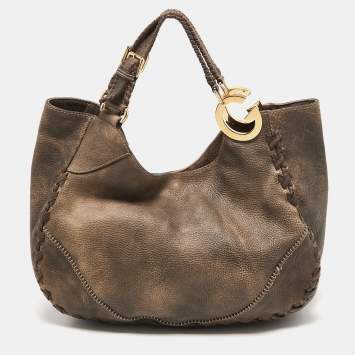Pre Owned Gucci Beige/Black Grained Leather Charlotte Hobo