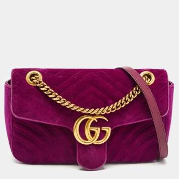 Pre Owned Gucci Magenta Matelassé Velvet Small GG Marmont Shoulder Bag
