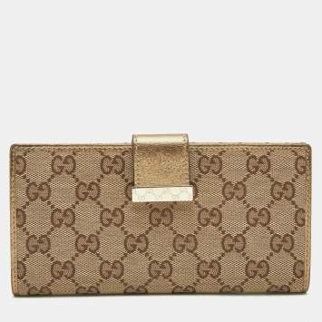 Pre Owned Gucci Gold/Beige GG Canvas and Leather Flap Continental Wallet