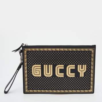 Pre Owned Gucci Black/Gold Leather 'Guccy' Zip Wristlet Clutch