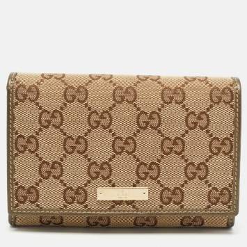 مملوكة مسبقًا Gucci Beige GG Canvas and Leather Logo Flap Wallet