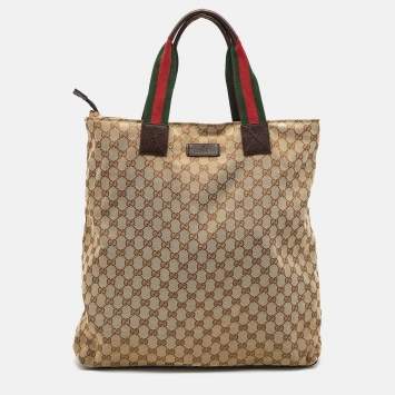 Pre Owned Gucci Beige/Brown GG Canvas Web Handle Vertical Tote
