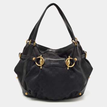 Pre Owned Gucci Black GG Canvas and Leather Jockey Tote
