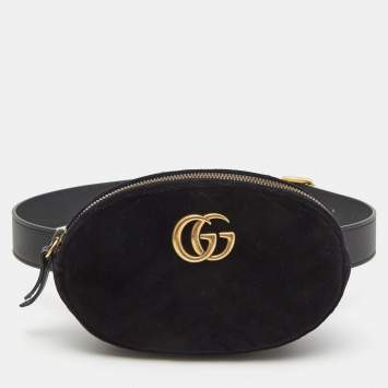 Pre Owned Gucci Black Matelassé Velvet GG Marmont Belt Bag