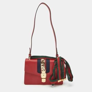 Pre Owned Gucci Red Leather Small Web Sylvie Shoulder Bag