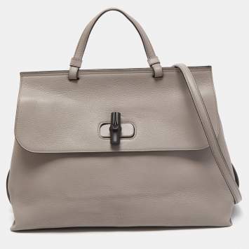 Pre Owned Gucci Grey Leather Large Bamboo Daily Top Handle Bag