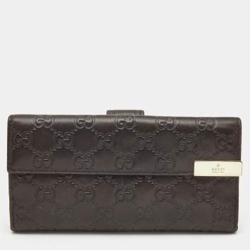 Pre Owned Gucci Dark Brown Guccissima Leather Metal Flap Continental Wallet