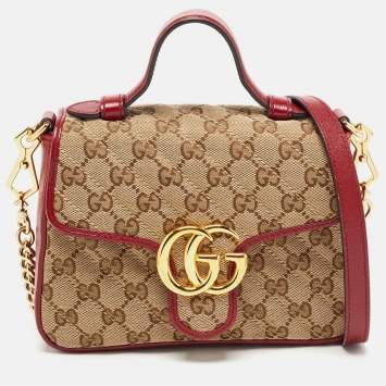 Pre Owned Gucci Red/Beige Diagonal Quilt Canvas and Leather Mini GG Marmont Top Handle Bag