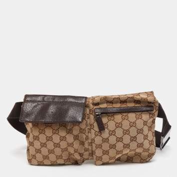 Pre Owned Gucci Beige/Brown GG Canvas and Leather Double Pocket Belt Bag