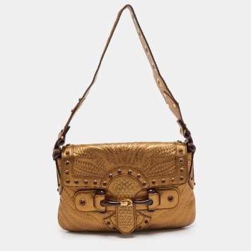 Pre Owned Gucci Gold Embossed Leather Pelham Runway Flap Bag