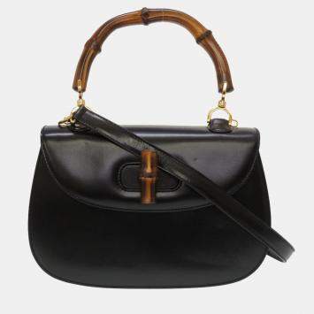 Pre Owned Gucci Black Leather Bamboo 1947 Top Handle Bag