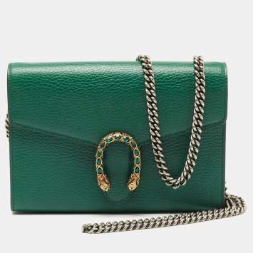 Pre Owned Gucci Green Leather Mini Dionysus Wallet on Chain 