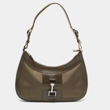 Pre Owned Gucci Olive Green Satin and Leather Jackie Hobo