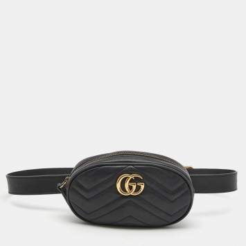 Pre Owned Gucci Black Matelassé Leather GG Marmont Belt Bag
