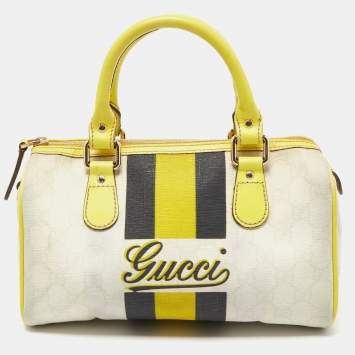 Pre Owned Gucci Yellow/White GG Supreme Coated Canvas and Leather Small Web Joy Boston Bag
