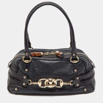 Pre Owned Gucci Black Leather Guccissima Horsebit Wave Boston Bag