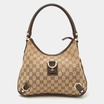 Pre Owned Gucci Brown/Beige GG Canvas and Leather Medium Abbey D-Ring Hobo