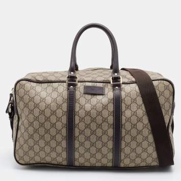 Pre Owned Gucci Beige/Brown GG Supreme Canvas and Leather Carry-On Duffle Bag