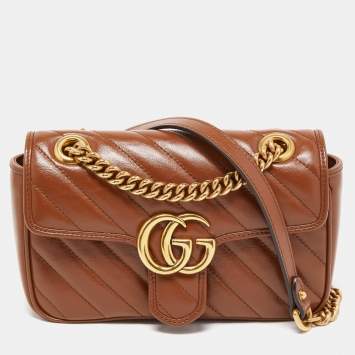Pre Owned Gucci Brown Diagonal Quilted Leather Mini GG Marmont Shoulder Bag