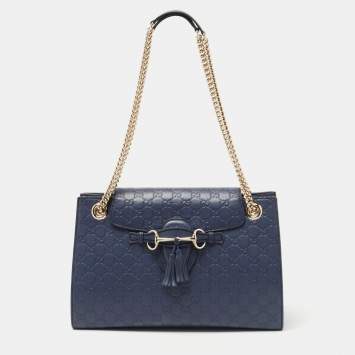 Pre Owned Gucci Dark Blue Guccissima Leather Large Emily Chain Shoulder Bag