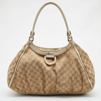 Pre Owned Gucci Beige/Gold GG Canvas and Leather Large Abbey D Ring Shoulder Bag