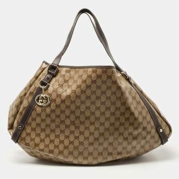 Pre Owned Gucci Beige/Brown Crystal GG Canvas and Leather Pelham Tote