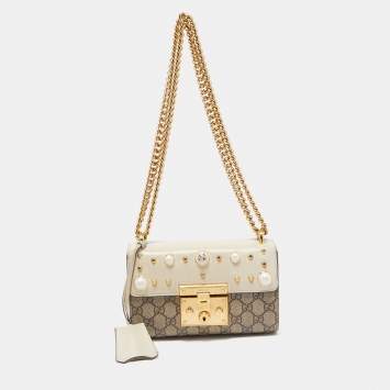 Pre Owned Gucci Beige/Off White GG Supreme Canvas and Leather Small Pearl Embellished Padlock Shoulder Bag