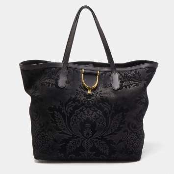 مملوكة مسبقًا Gucci Black Floral Print Suede Stirrup Tote