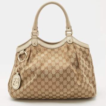 Pre Owned Gucci Beige GG Canvas and Leather Medium Sukey Tote