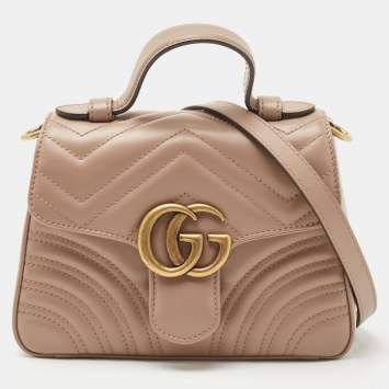 Pre Owned Gucci Beige Matelasse Leather Mini GG Marmont Top Handle Bag