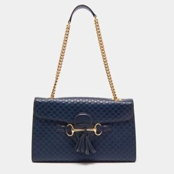 Pre Owned Gucci Navy Blue Microguccissima Leather Medium Emily Chain Shoulder Bag