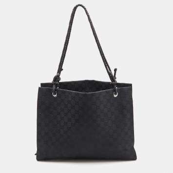Pre Owned Gucci Black GG Canvas and Leather Braided Handle Tote