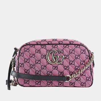 Pre Owned Gucci Pink & Black Canvas Small Diagonal Quilted GG Shoulder Bag