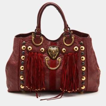 Pre Owned Gucci Red Leather and Suede Large Studded Babouska Fringe Tote