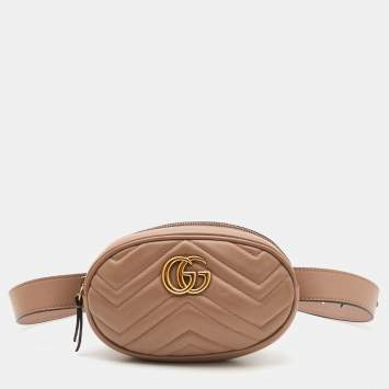Pre Owned Gucci Beige Matelassé Leather GG Marmont Belt Bag