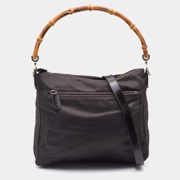 Pre Owned Gucci Brown Nylon and Leather Bamboo Hobo