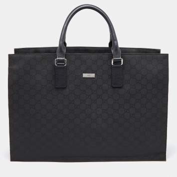 Pre Owned Gucci Black GG Nylon and Leather Top Zip Tote