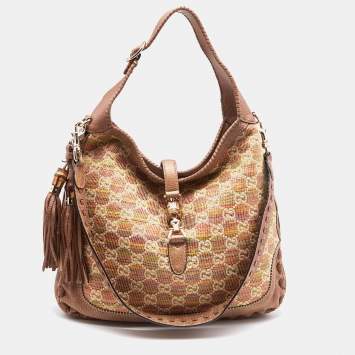Pre Owned Gucci Multicolor Straw and Leather Large Jackie Hobo