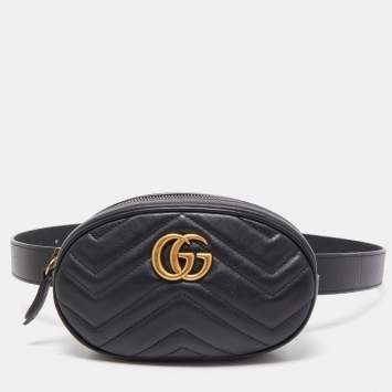 Pre Owned Gucci Black Matelassé Leather GG Marmont Belt Bag