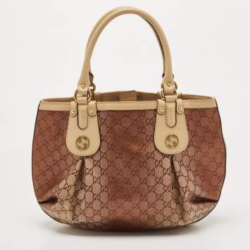 Pre Owned Gucci Beige/Metallic Pink GG Canvas and Leather Medium Scarlett Stud Tote
