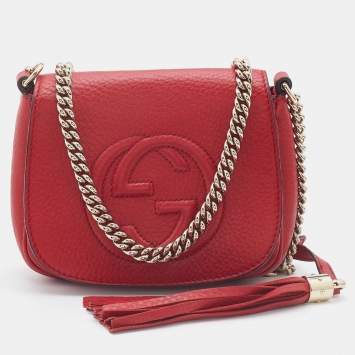 Pre Owned Gucci Red Leather Soho Flap Chain Crossbody Bag