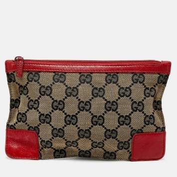 Pre Owned Gucci Red/Beige GG Canvas and Leather Flat Pouch