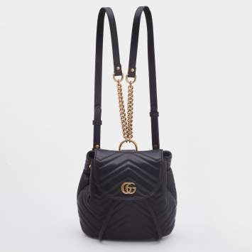 Pre Owned Gucci Black Matelassé Leather GG Marmont Backpack